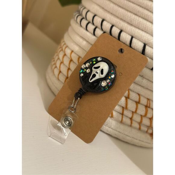 Scream Horror Ghost Face Black and Rhinestone WORK badge Reel - Picture 1 of 2